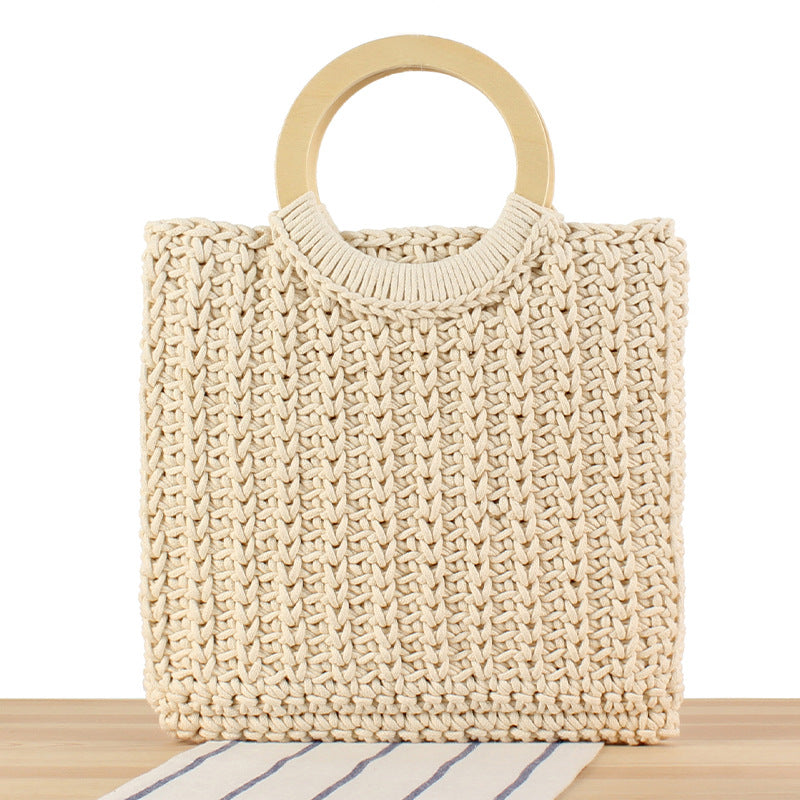Crochet Market Bag Wooden Handle Handbag