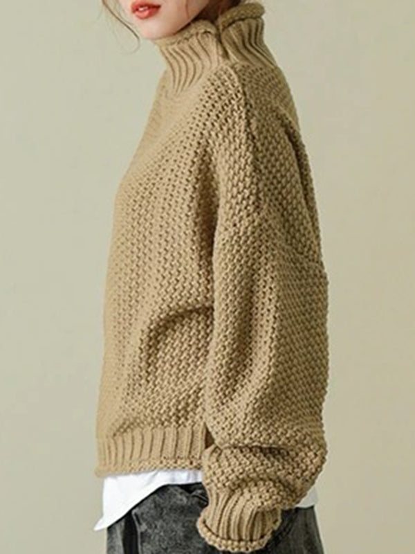 Long Sleeves Loose Solid Color High Neck Knitwear Sweater