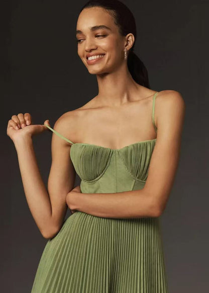Pleated Midi Corset Dress Synthetic Fabric Green