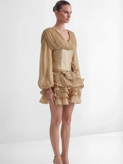 Margot Khaki Corset Bodice Ruffled Mini Dress