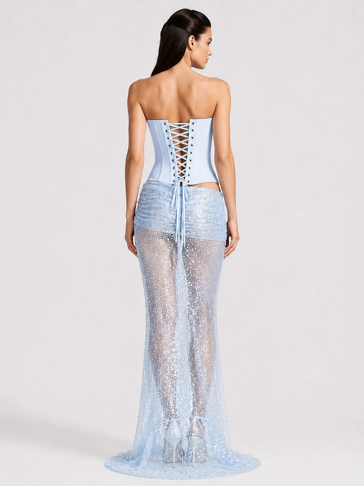 Arianne Sequin Sheer Mesh Maxi Skirt Set In Blue