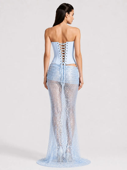 Arianne Sequin Sheer Mesh Maxi Skirt Set In Blue