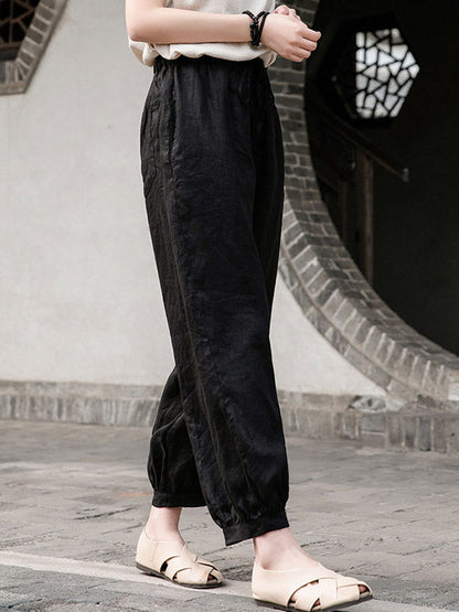 Simple Linen Solid Color Elasticity Waist Loose Knickerbockers&Capri-Pants