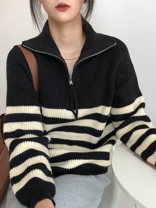 Urban Striped Zipper High-Neck Sweater Tops Pullovers