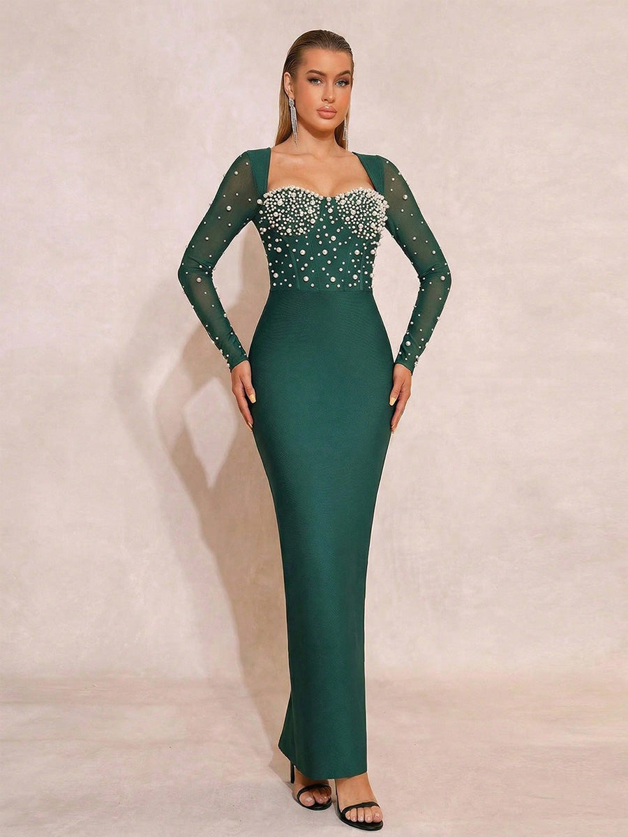 Delilah Long-Sleeve Maxi Dress with Pearl Beading
