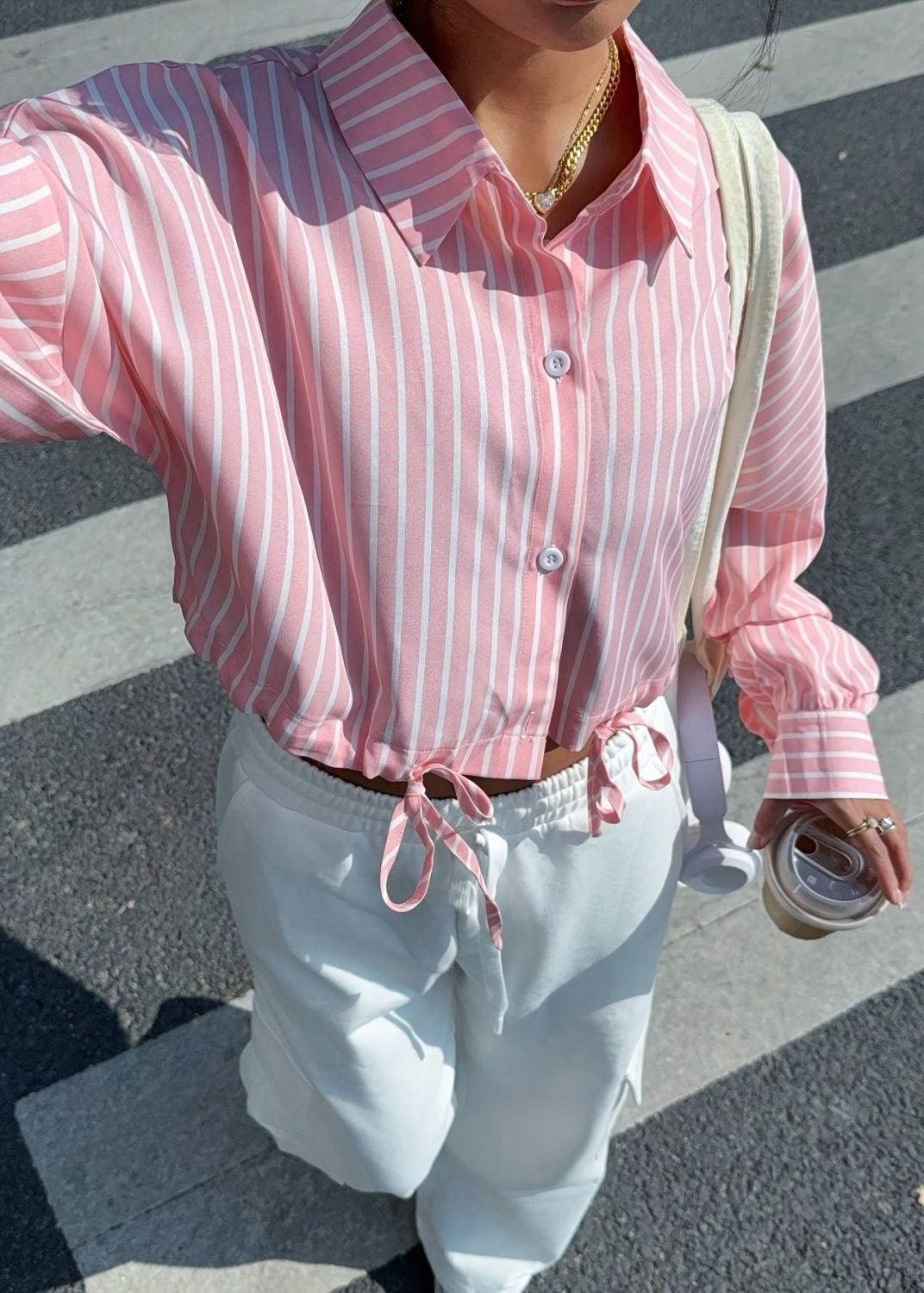 Striped Button Up Drawstring Crop Shirt Polyester Cotton