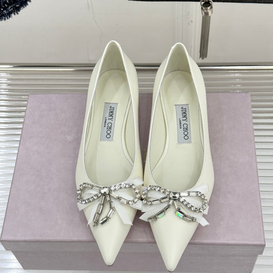 Jimmy Choo 26WF Pointed Toe Rhinestone Bow Chunky Heel White  Sheepskin 573542