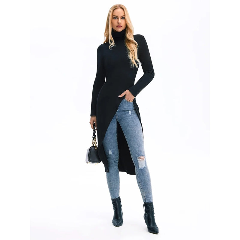 Skinny Solid Color Split-Side High-Neck T-Shirts Tops