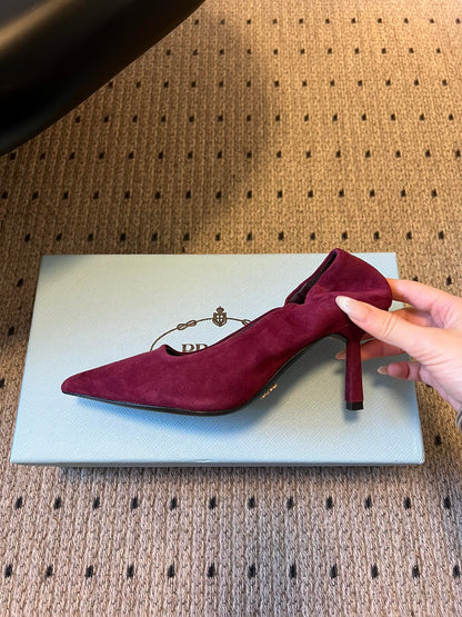 Prada 25ss Burgundy Pointed Toe Low-Cut Heels in Suede 580370