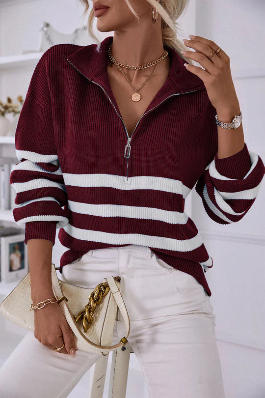 V Neck Collar Ribbed Knitted Stripe Pullover Sweater