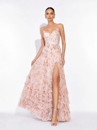 Annabel Ruffled Slit Maxi Dress In Pink