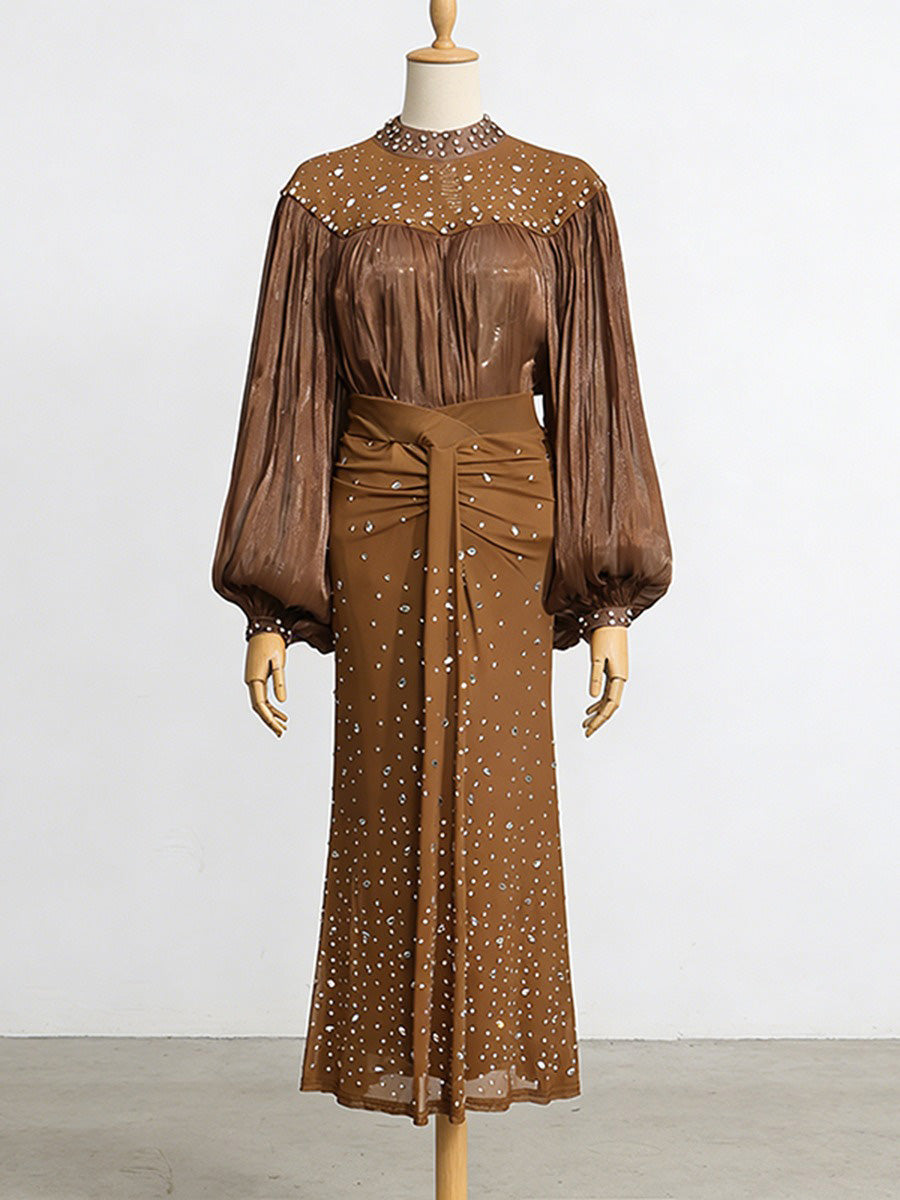 Isadora Mesh Lantern Sleeve Rhinestone Two Piece Set