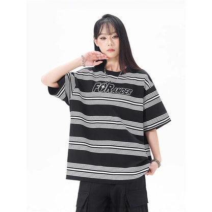 Black White Stripe Print T-Shirt