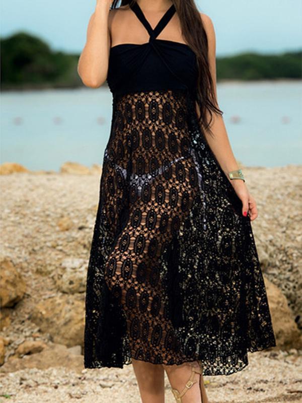 Solid Color Black Or White Lace Hollow Maxi Skirt Bottom Two Wear Ways