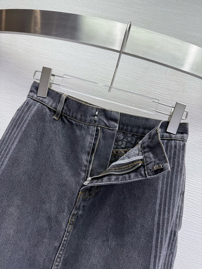 CD 25SS Laser Printed Stripe Pattern Denim Skirt Dark Gray Cotton 306522