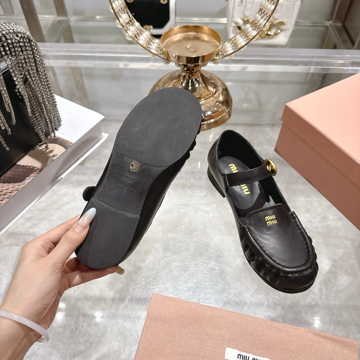 Miu Mary Jane Ballet Flats Black Leather 592041