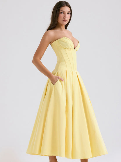 Ruby Off-Shoulder Corset Midi Dress In Yellow