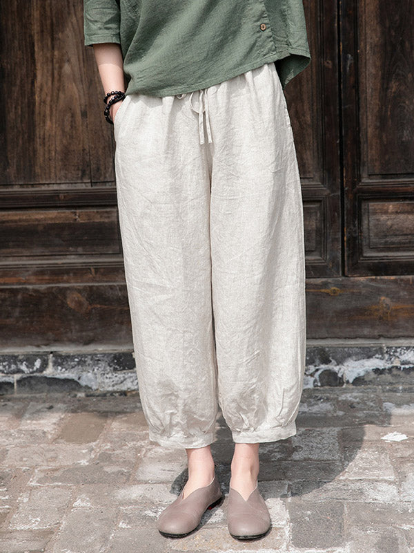 Simple Linen Solid Color Elasticity Waist Loose Knickerbockers&Capri-Pants