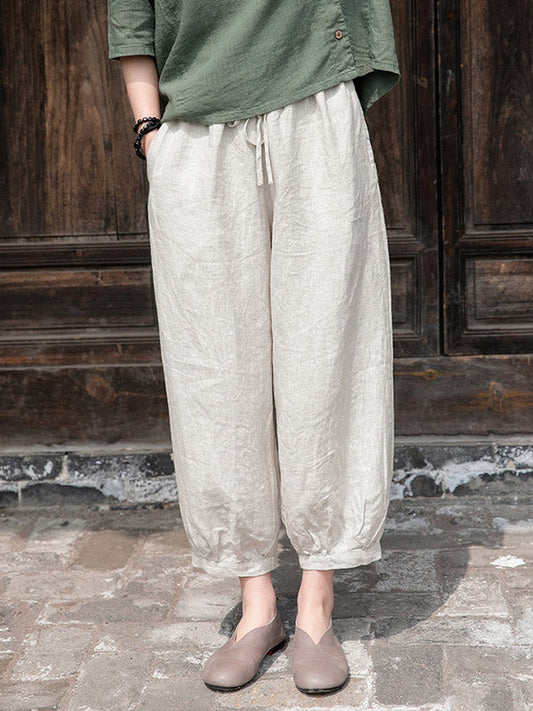 Simple Linen Solid Color Elasticity Waist Loose Knickerbockers&Capri-Pants