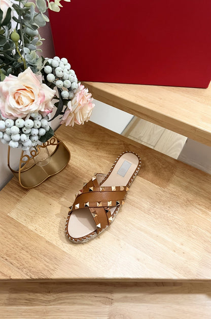 Rockstud Crisscross Espadrilles 20mm Sandal Wedges Tan