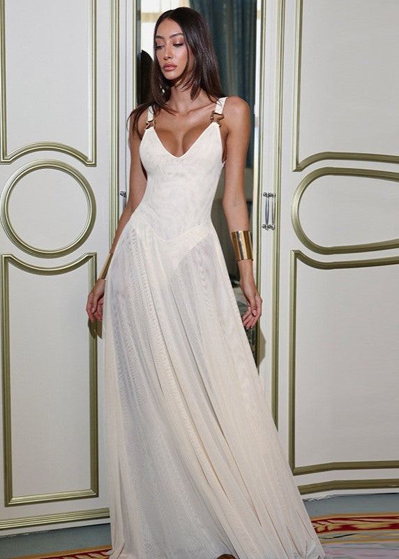Draped Maxi Gown Soft Chiffon With Gold Buckle Straps