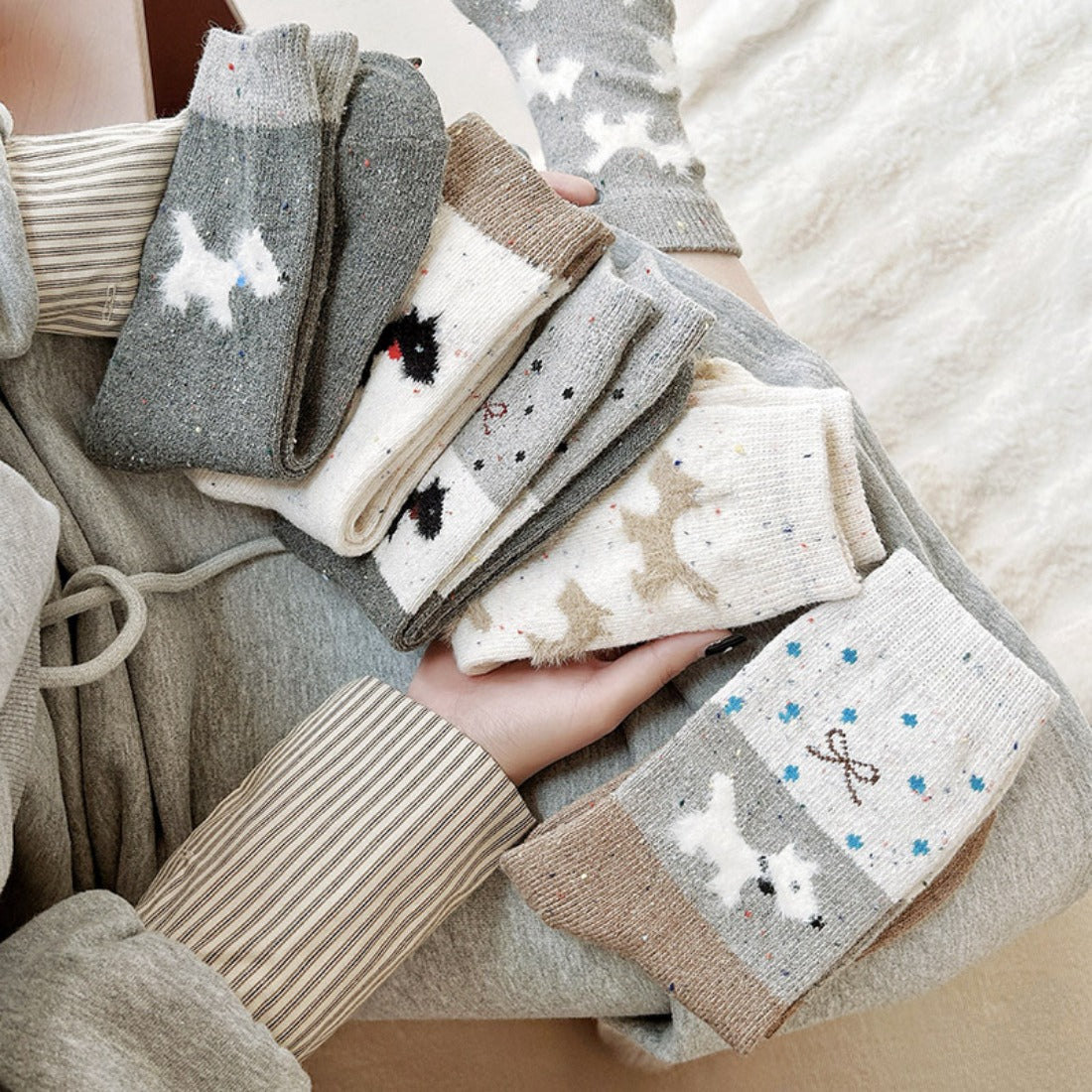 Rufia - Gray and White Dog Pattern Thick Warm Socks