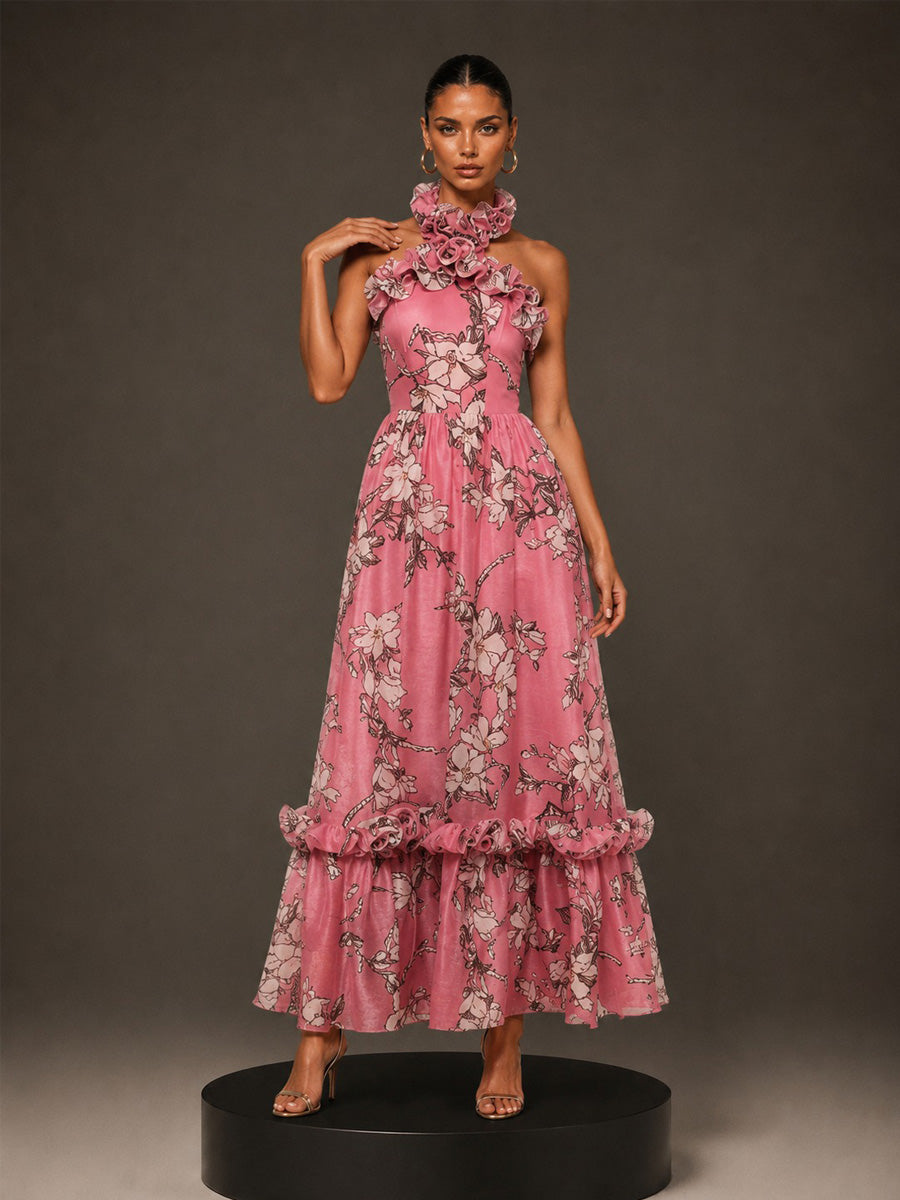 Autumn 3D Floral Halter-Neck Sleeveless Maxi Dress