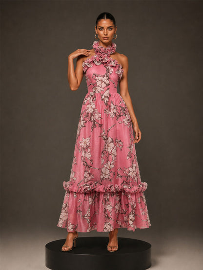 Autumn 3D Floral Halter-Neck Sleeveless Maxi Dress