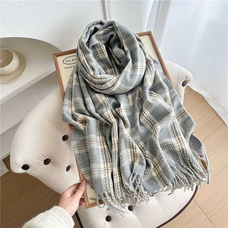 Color Block Plaid Fringe Scarf