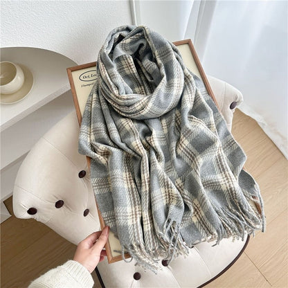 Color Block Plaid Fringe Scarf