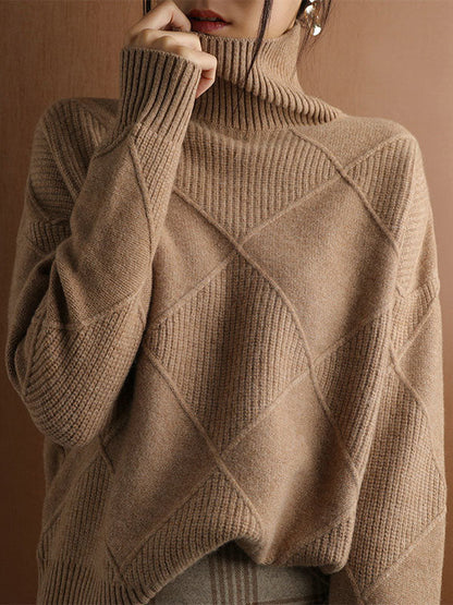 Loose Jacquard Solid Color High-Neck Sweater Tops