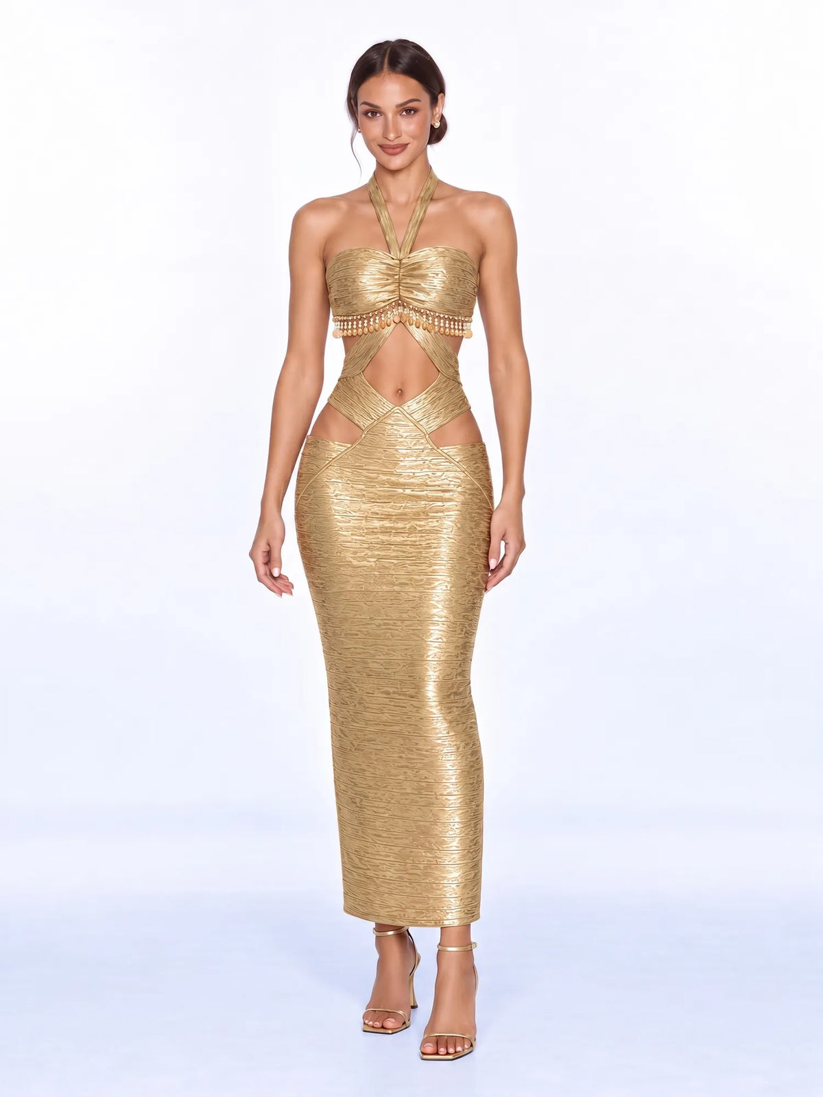 Nadira Metallic Cutout Ruched Maxi Dress