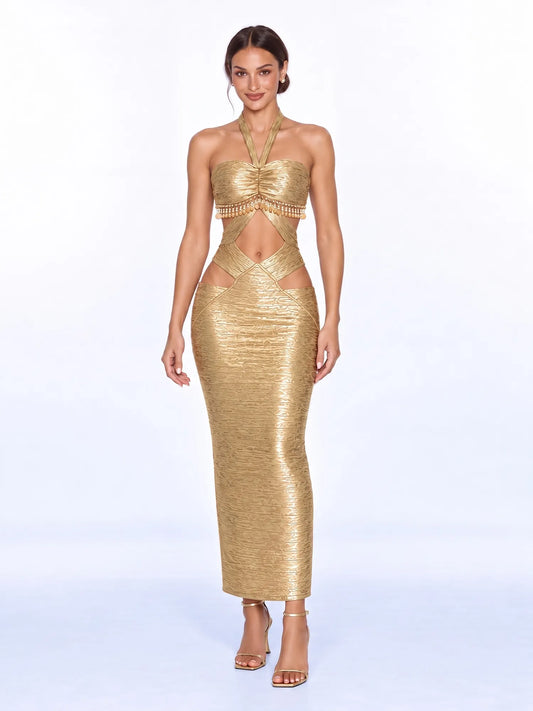 Nadira Metallic Cutout Ruched Maxi Dress