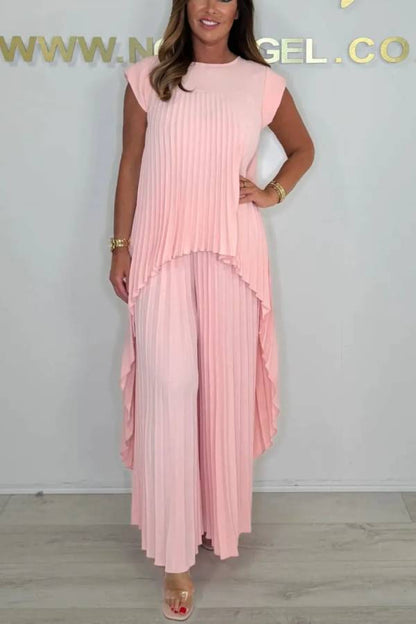 Round Neck Solid Sleeve Top Pleated Straight Pants Two-piece Set