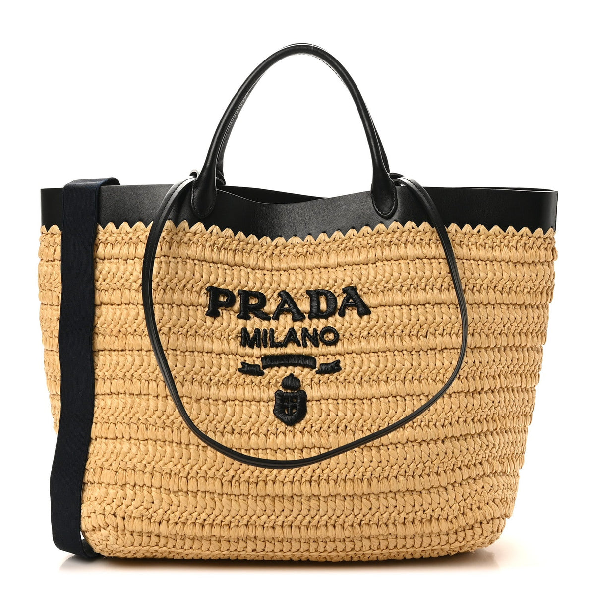 Yarn Raffia Effect Calfskin Crochet Embroidered Medium Logo Tote Tan Black