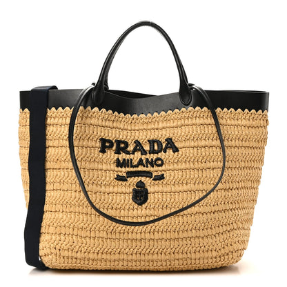 Yarn Raffia Effect Calfskin Crochet Embroidered Medium Logo Tote Tan Black