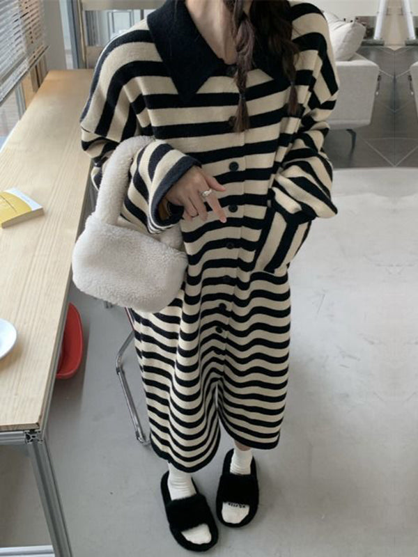 Urban Long Sleeves Loose Striped Polo Sweater Dresses