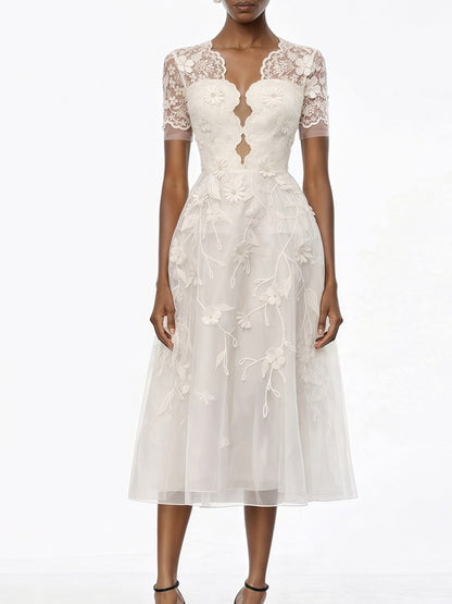 Gabriella 3D Petals White Midi Dress