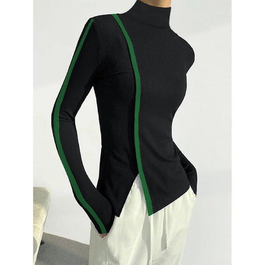 Long Sleeves Skinny Contrast Color Split-side High-neck T-Shirts Tops
