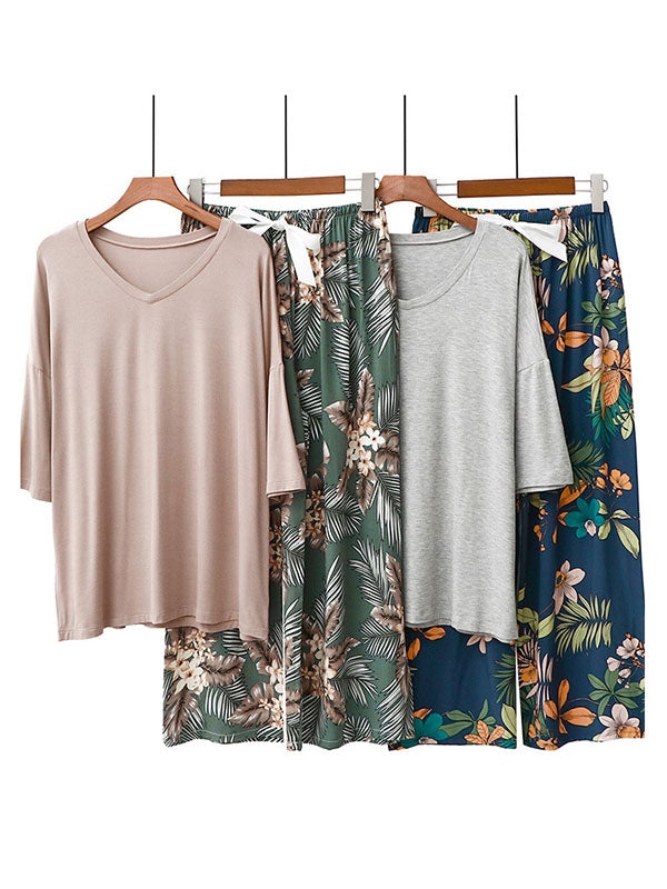 Casual Loose Seven-Quarter Sleeves V-Neck Shirts& Printed Pants Pajama Sets