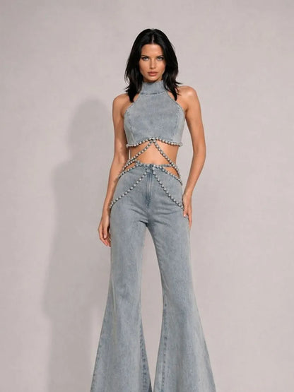 Aislinn Rhinestone-Embellished High-Waisted Denim Two Piece Set