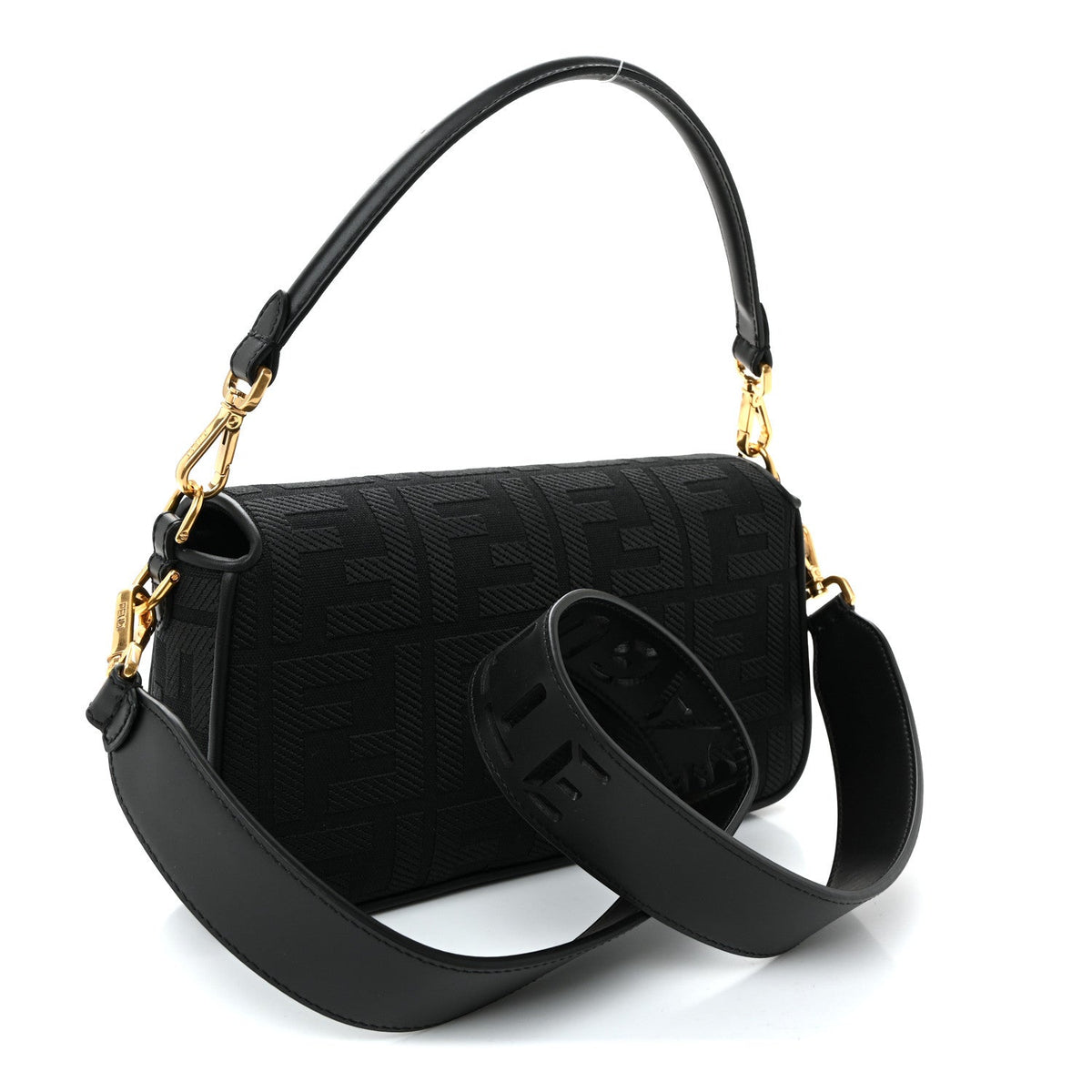 Canvas Vitello King Extra Strap FF Embroidered Baguette Black