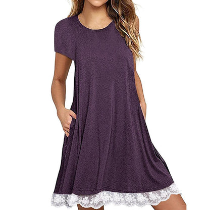 Explosions Lace Stitching Crew Neck Short Sleeve Large Size Dress