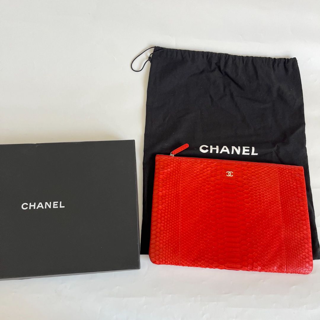 Chanel red python large zip pouch
