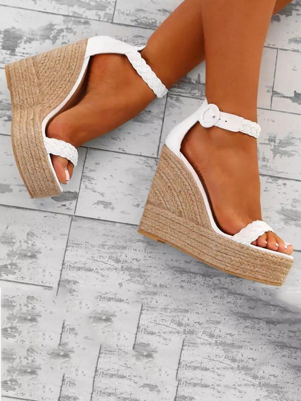 Fashion Wedge High-Heel Solid Color Weaving Sandal Shoes