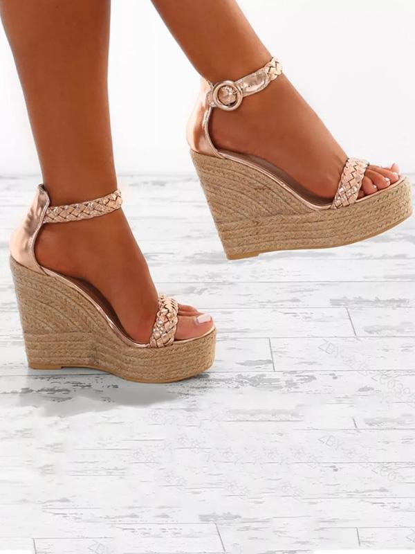 Fashion Wedge High-Heel Solid Color Weaving Sandal Shoes