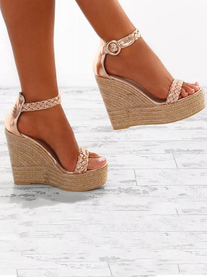 Fashion Wedge High-Heel Solid Color Weaving Sandal Shoes
