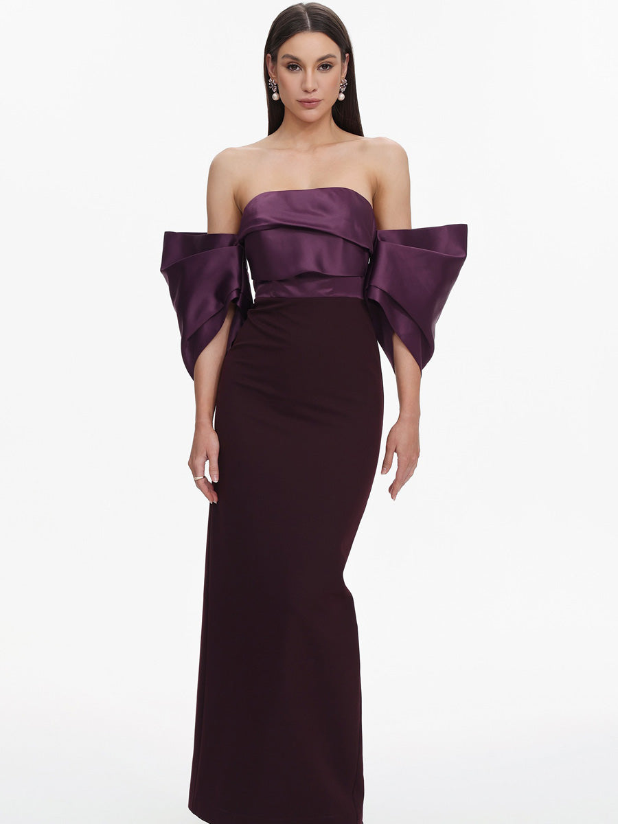 Kira Elegant Tailored Off Shoulder Pleated Satin Maxi Dress