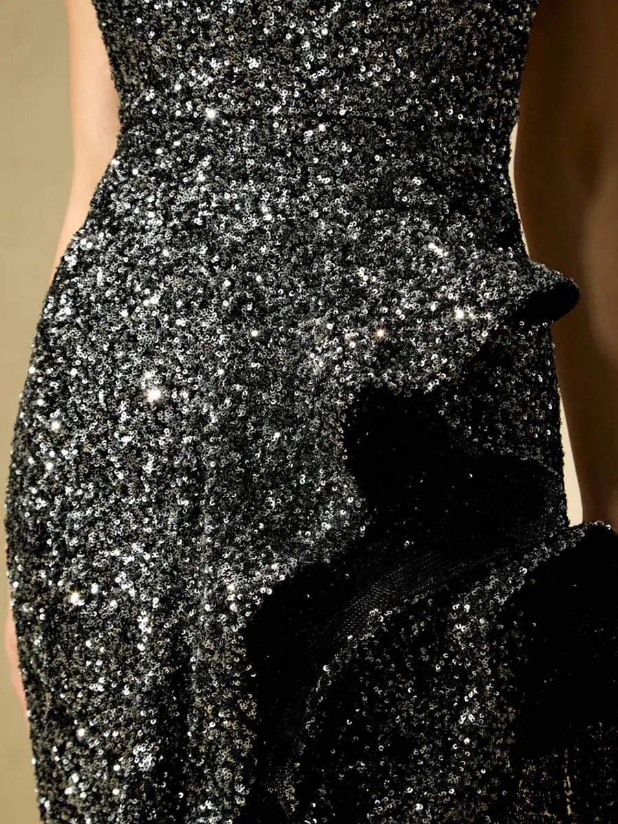 Celestine Sparkle Sequin Asymmetric Ruffle Maxi Dress