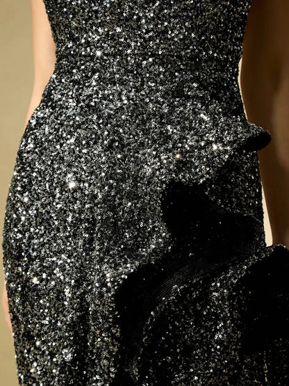 Celestine Sparkle Sequin Asymmetric Ruffle Maxi Dress